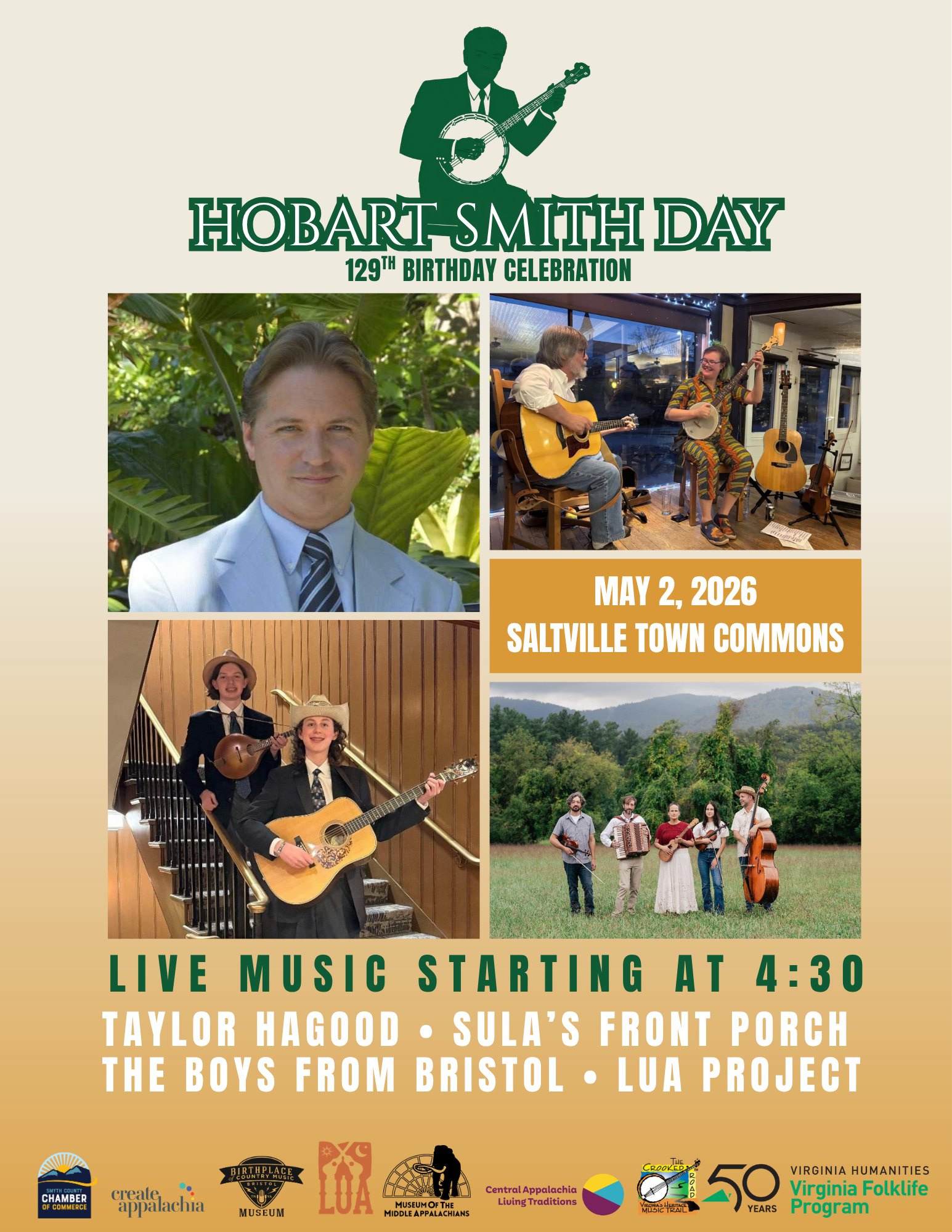 Hobart Smith Day - 129th Birthday Celebration - May 2, 2026 - Saltville Town Commons - Live Music Starting at 4:30 - Taylor Hagood - Sula's Front Porch The Boys from Bristol - Lua Project